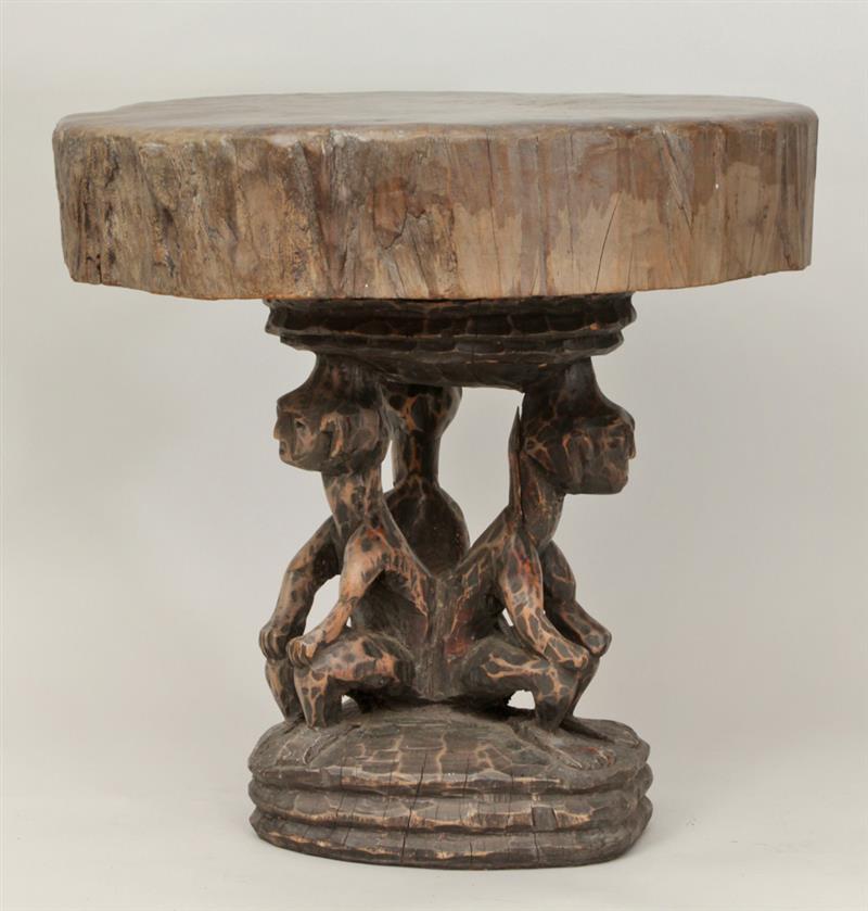 Appraisal: African Figural-Carved Wood Stool With three crouching back-to-back figures with