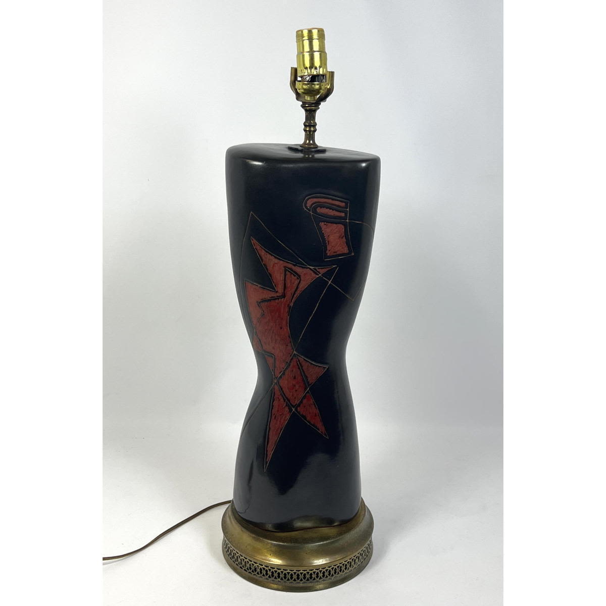 Appraisal: Modernist Glazed Pottery Table Lamp Red image on black ground