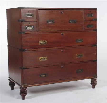 Appraisal: A th century mahogany brass bound secretaire campaign chest the