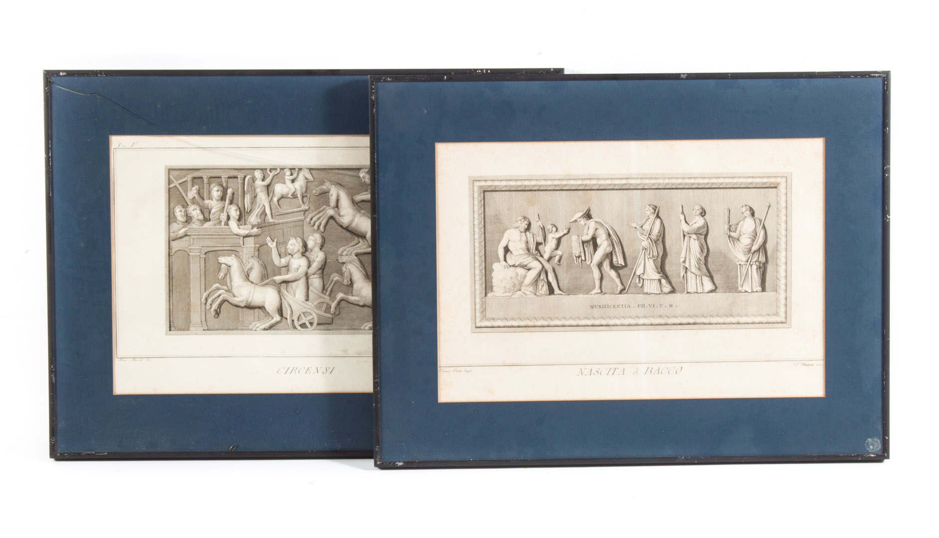 Appraisal: Two framed Italian classical themed engravings Nascita di Bacco x