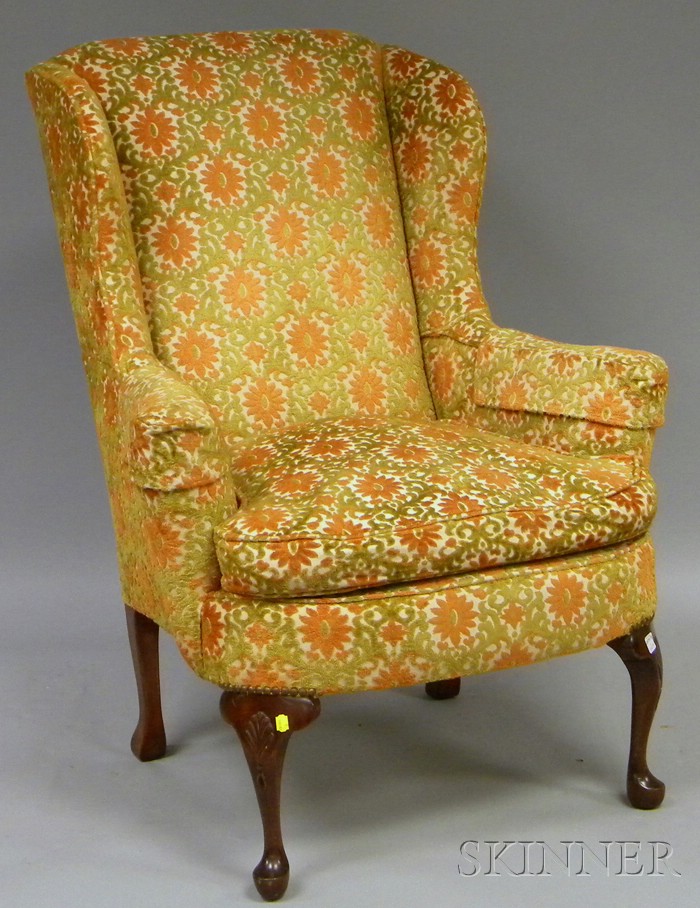 Appraisal: Queen Anne-style Upholstered Carved Mahogany Easy Chair