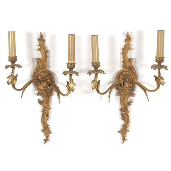 Appraisal: PAIR OF TWO LIGHT WALL SCONCES x Bronze double arm