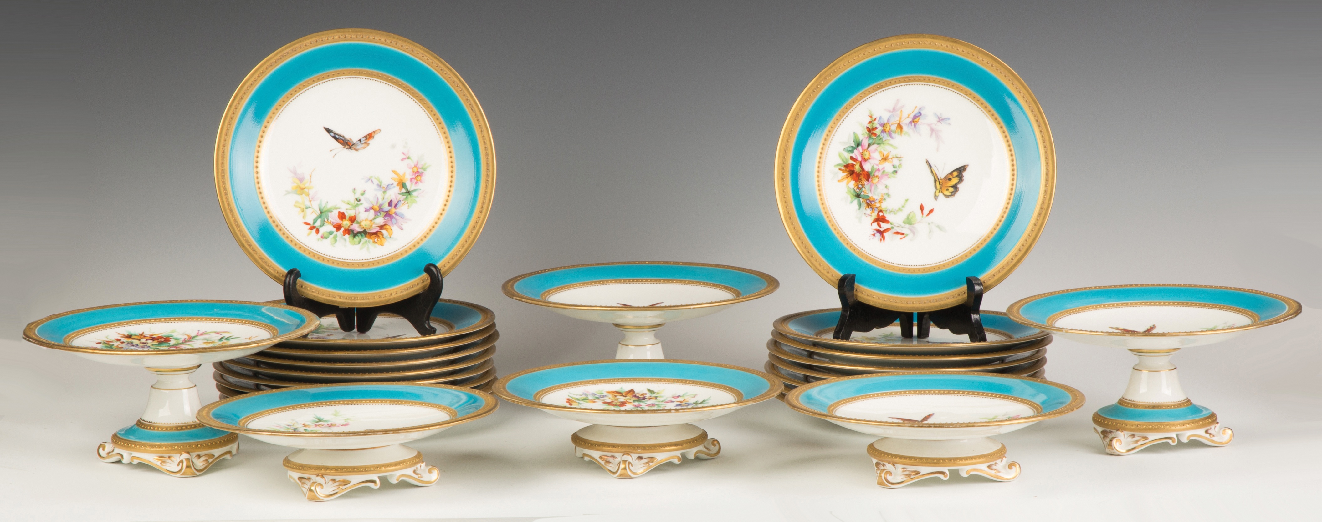 Appraisal: French Hand Painted Porcelain Luncheon Set Late th century Butterflies