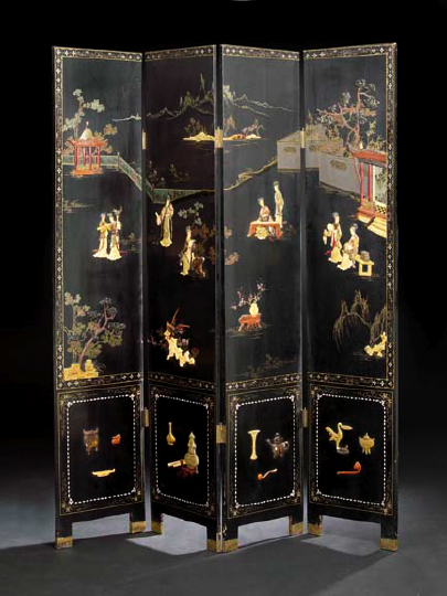 Appraisal: Chinese Lacquer and Hardstone Four-Panel Floor Screen the black lacquer