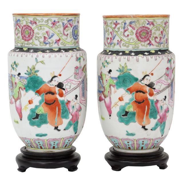 Appraisal: pair Chinese famille rose porcelain vases decorated with figural garden