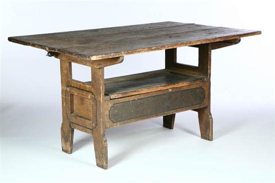 Appraisal: DECORATED HUTCH TABLE Pennsylvania th century pine Three-board top lift-lid