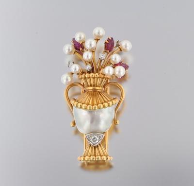 Appraisal: A French Pearl Carved Ruby and Diamond Vase Brooch Vase-design