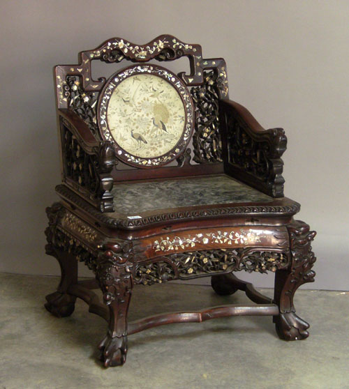 Appraisal: Chinese carved and inlaid armchair with silkwork panel