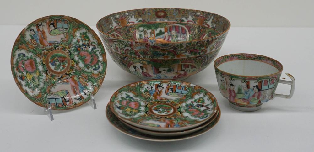 Appraisal: CHINESE ROSE MEDALLION BOWL FOUR SAUCERS AND TEA CUP D