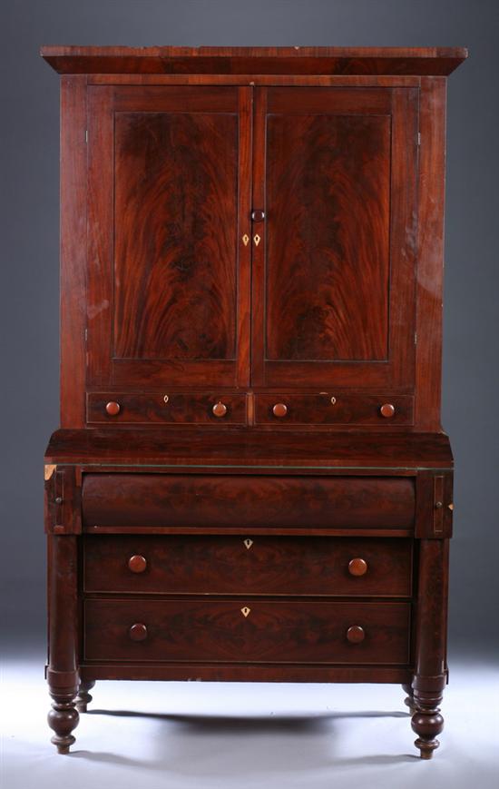 Appraisal: AMERICAN EMPIRE MAHOGANY SECRETARY BOOKCASE th century as is Projecting