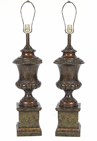 Appraisal: A pair of Neoclassical style earthenware faux bois lamps height