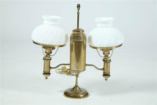 Appraisal: BRASS DOUBLE STUDENT LAMP The lamp has matching milk glass