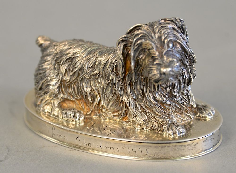 Appraisal: English silver dog on oval base marked Lily Merry Christmas