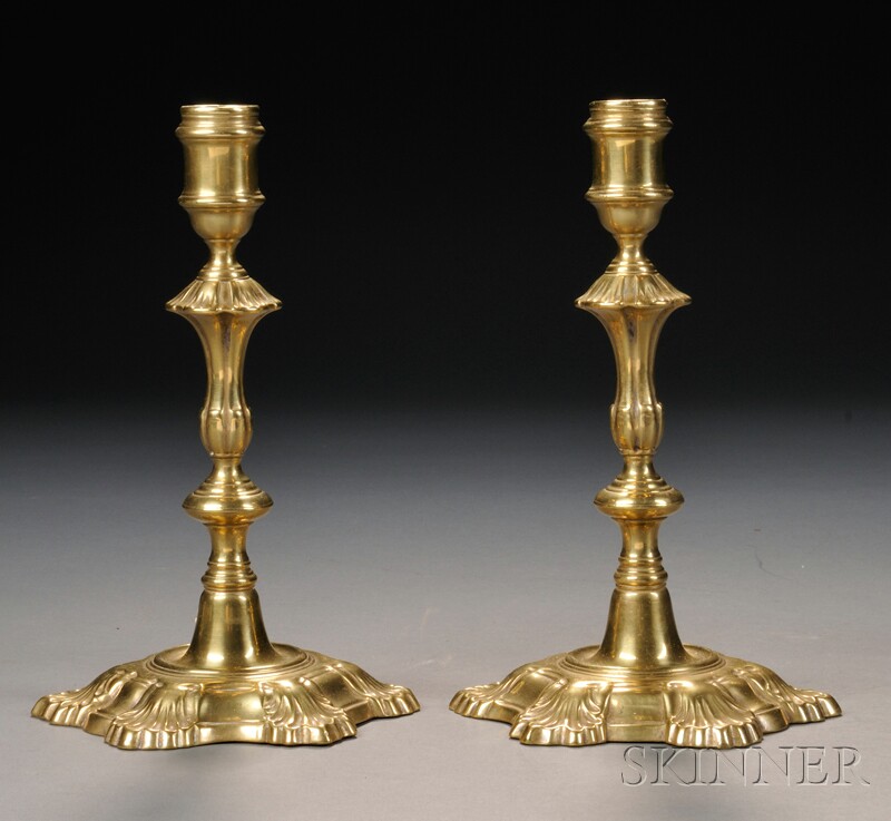 Appraisal: Pair of Queen Anne Brass Petal-base Candlesticks England c ht