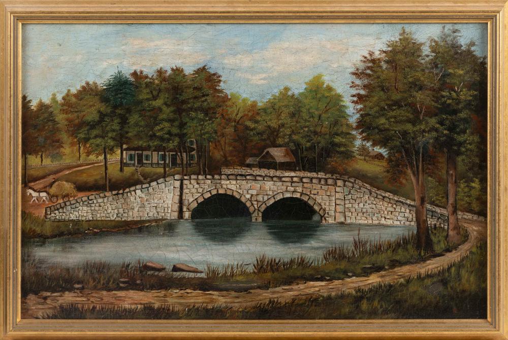 Appraisal: PRIMITIVE PAINTING OF A STONE BRIDGE TH CENTURY OIL ON