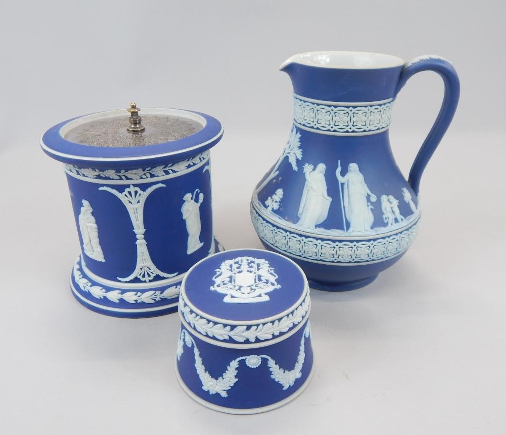 Appraisal: Three items of dark blue Wedgwood Jasperware a jug with