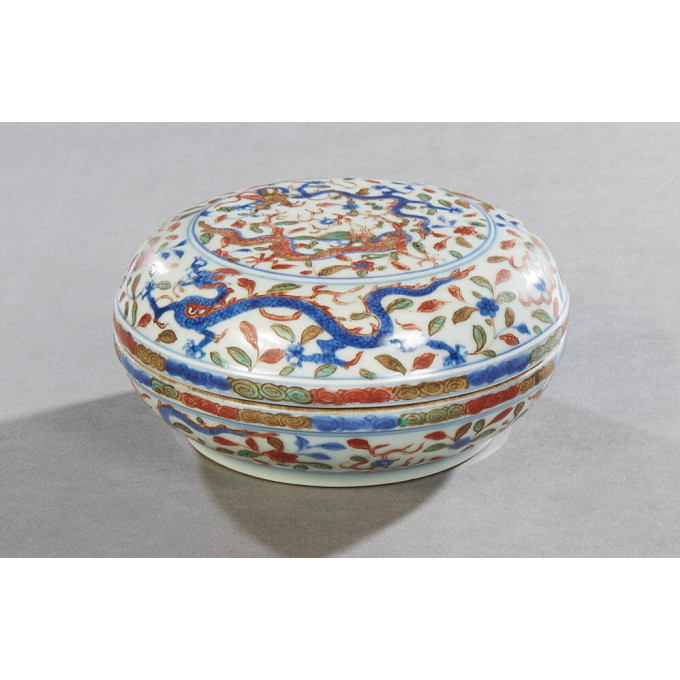 Appraisal: Oriental Porcelain Covered Circular Box th c with dragon and