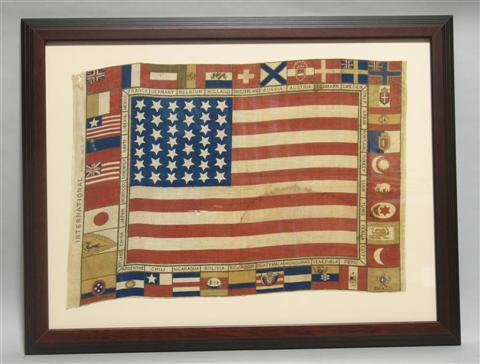 Appraisal: AMERICAN CENTENNIAL EXHIBITION BANNER Flags of Nations cotton featuring a