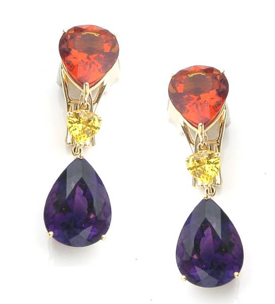 Appraisal: A pair of multi-color gem and k gold ear pendants