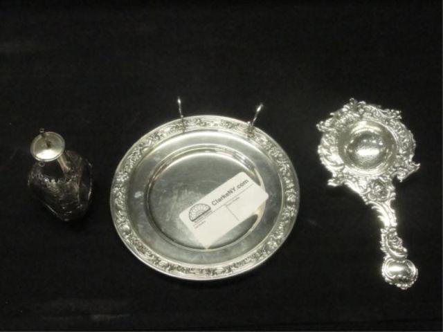 Appraisal: STERLING Pieces A perfume bottle a strainer a plate From