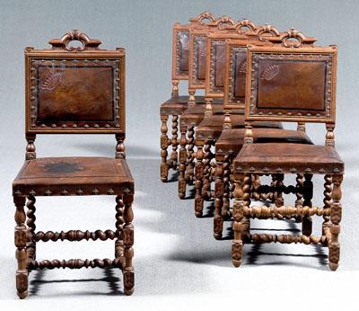 Appraisal: Set of six English dining chairs carved oak frames each