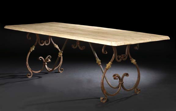 Appraisal: Spanish Wrought-Iron-Mounted Pine Guard Room Table the top of bleached