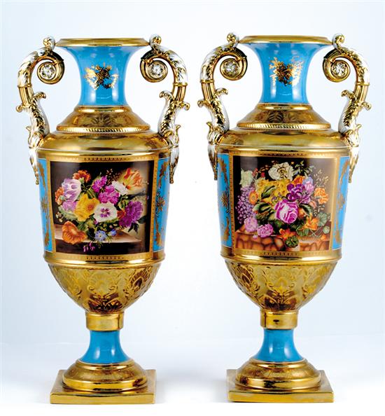 Appraisal: Pair Russian style gilt and painted urns baluster form painted