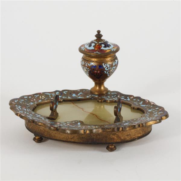 Appraisal: French champleve enamel and onyx inkwell th century H x