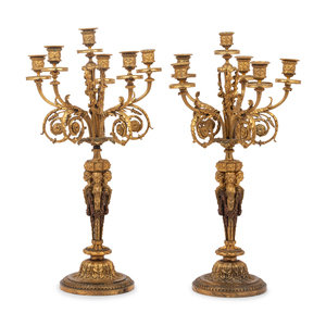 Appraisal: A Pair of French Gilt Bronze Six-Light Candelabra th Century