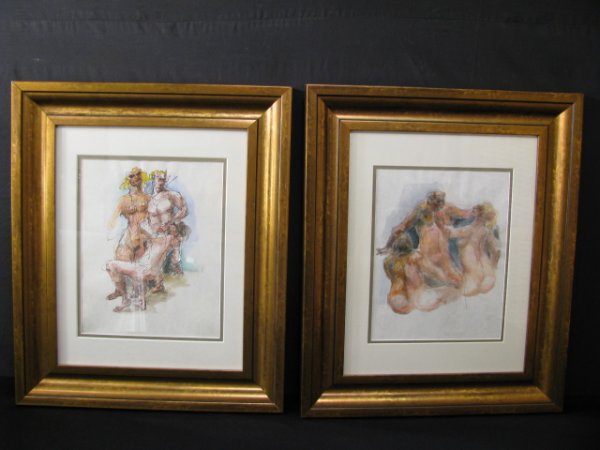 Appraisal: Two paintings on rice paper depicting nudes Pen and ink