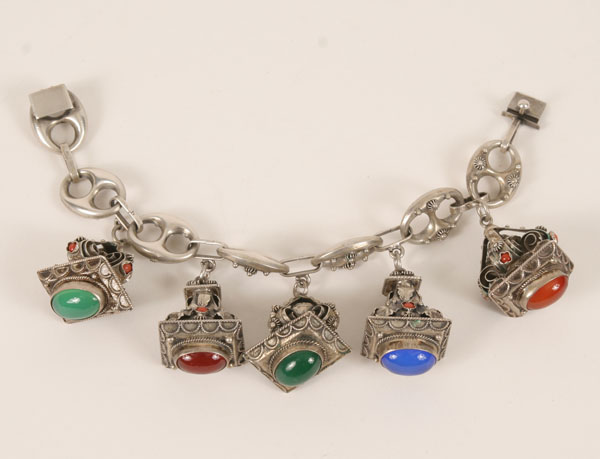 Appraisal: Antique silver filigree bracelet with glass cabochon charms Includes an