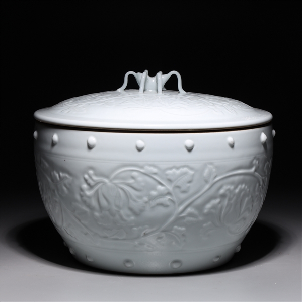 Appraisal: Chinese white glazed covered basin with incised floral designs and