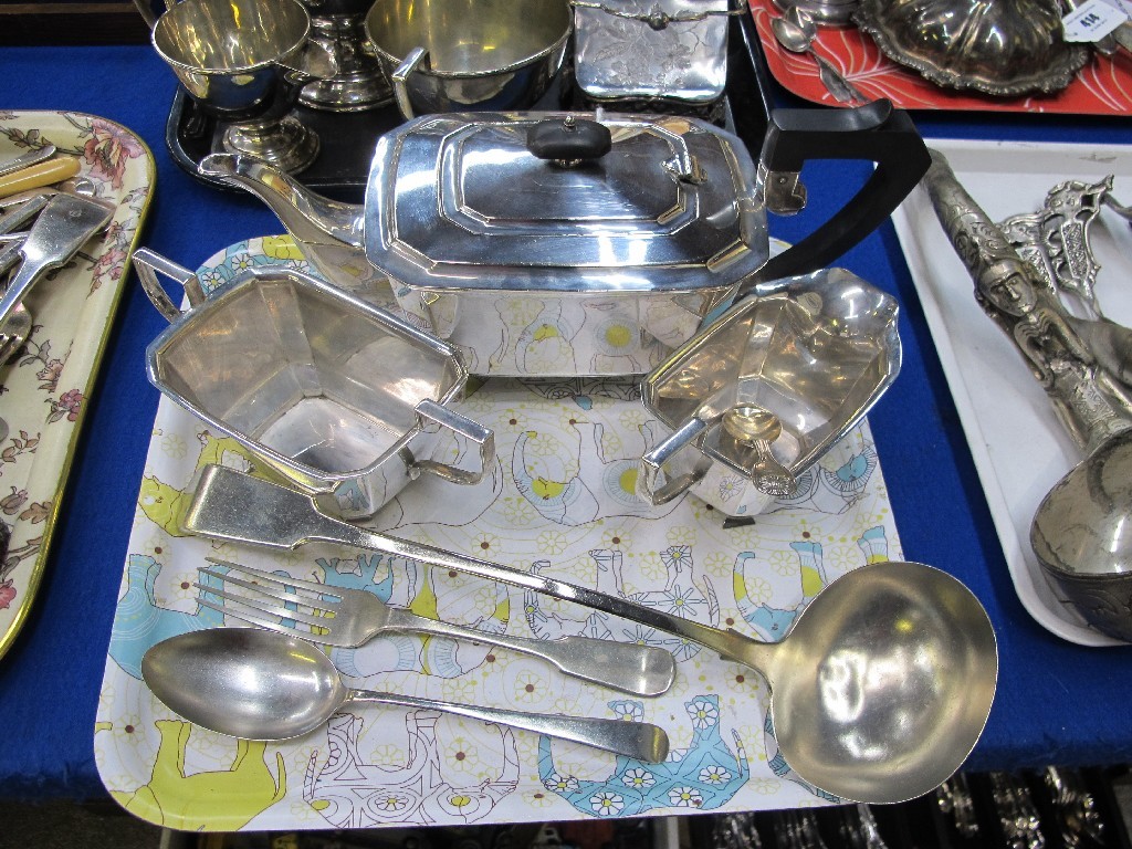 Appraisal: Lot comprising three piece EP tea service a soup ladle