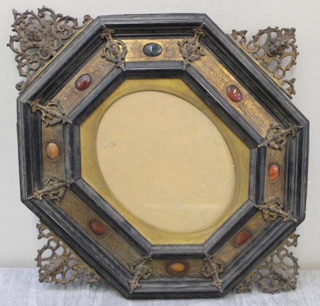 Appraisal: th Century Continental Bronze Brass MountedEbony Frame With inset hardstones