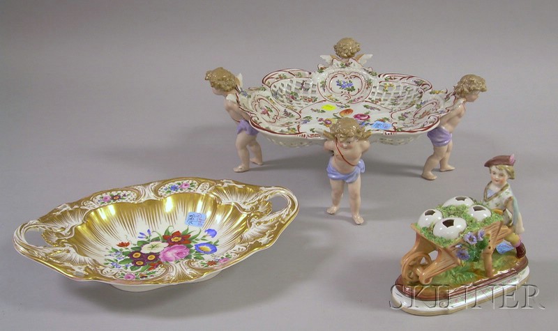 Appraisal: Three German Hand-painted Porcelain Table Items a figural and reticulated