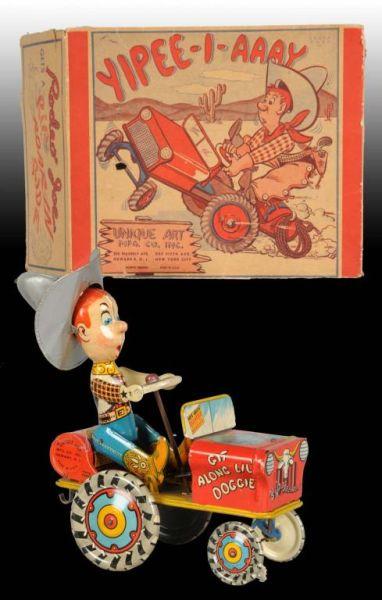 Appraisal: Unique Art Tin Wind-Up Rodeo Joe Toy Car Description Includes