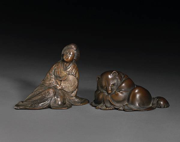 Appraisal: Two patinated bronze okimono Meiji Period The first of a