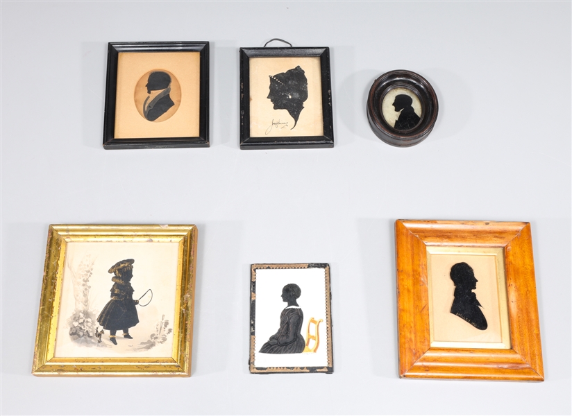 Appraisal: Group of six antique silhouette portraits including woman sitting in