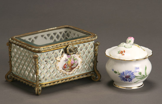 Appraisal: German Porcelain Reticulated Box on Stand and Meissen Covered Sugar