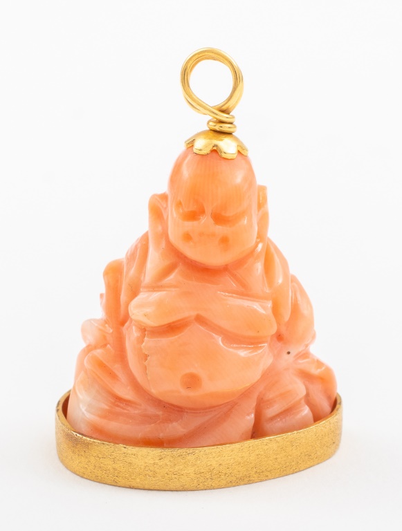 Appraisal: VINTAGE K GOLD CARVED CORAL BUDDHA CHARM Vintage k yellow