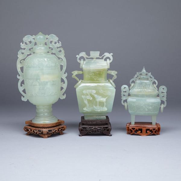 Appraisal: Three Serpentine Carved Vases and Covers Mid- th Century Each