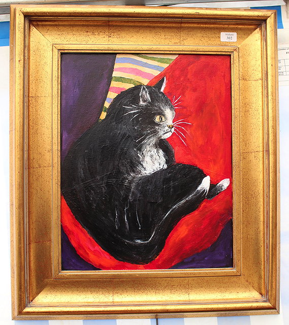 Appraisal: A NAIVE PAINTING of a cat on canvas and in