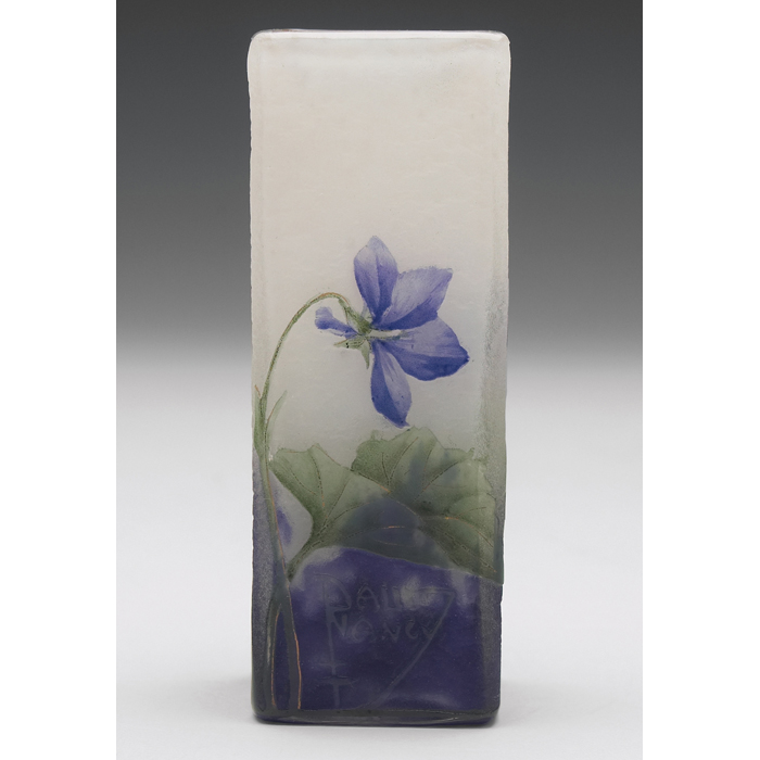 Appraisal: Daum vase square shape with enameled violets on a frosted