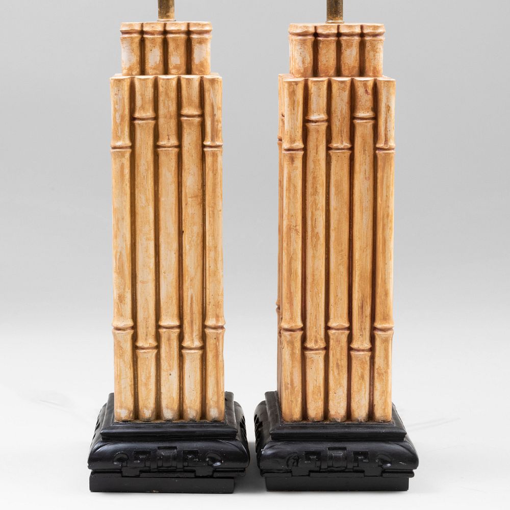 Appraisal: Pair of Modern Faux Bamboo Pottery Lamps stamped Jo Wallis