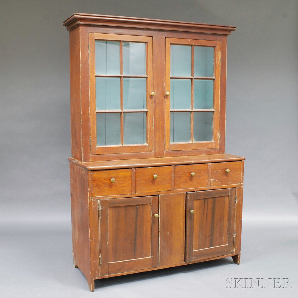 Appraisal: Glazed Pine Two-piece Step-back Cupboard America th century the upper