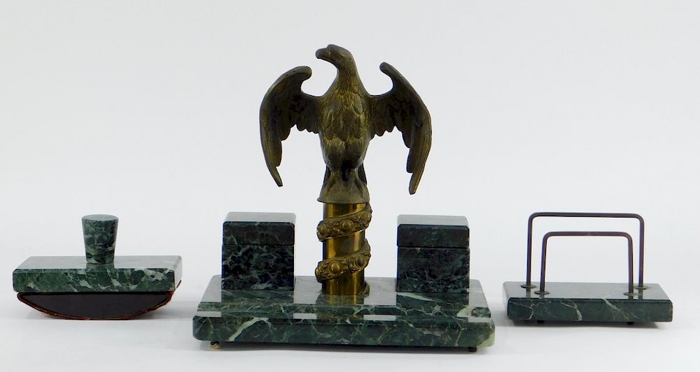 Appraisal: French Empire Bronze Eagle Green Marble Desk Set France th