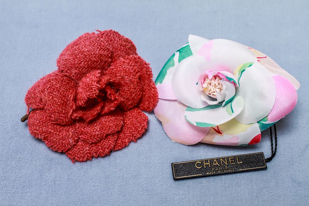 Appraisal: Chanel Vintage Fabric Camellia Flower Brooches Two Chanel vintage fabric