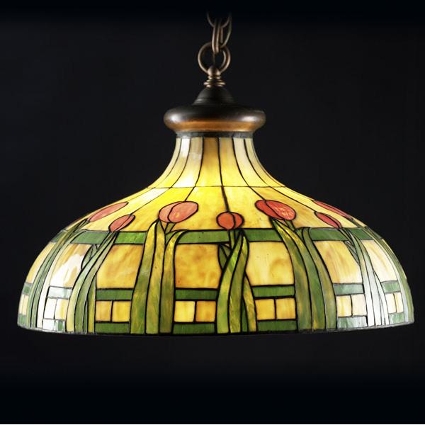 Appraisal: BRADLEY HUBBARD Large leaded glass chandelier with pink tulips and