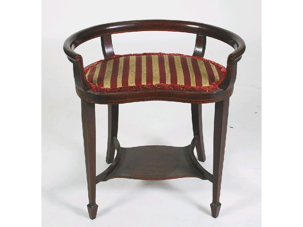 Appraisal: EDWARDIAN LINE INLAID MAHOGANY KIDNEY SHAPED DRESSING TABLE STOOL the