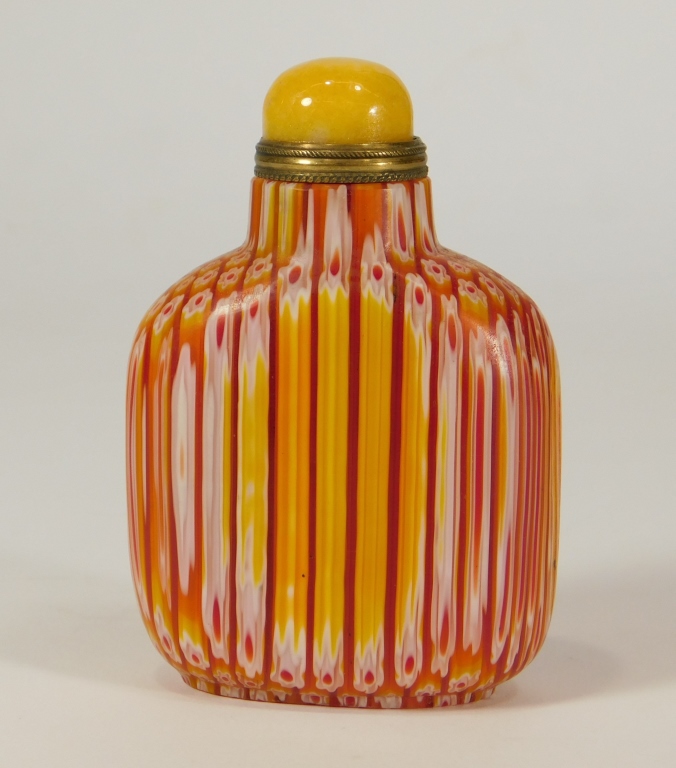 Appraisal: CHINESE MILLEFIORI ART GLASS SNUFF BOTTLE China th- th CenturyOrange